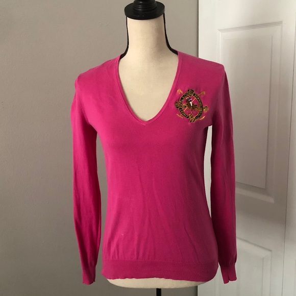 RALPH LAUREN SPORT Women V Neckline Prima Cotton Pink Sweater | S - Picture 1 of 11